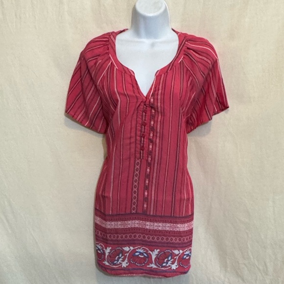 A-161 Kim Rogers Pink Blue & White Stripe Short Sleeve Pullover Blouse Size LP - Picture 1 of 14